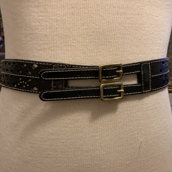 DOUBLE BUCKLE PERFORATED LEATHER BELT  WITH METAL STUDS AND SOMID BRASS BUCKLES - Picture 7 of 14